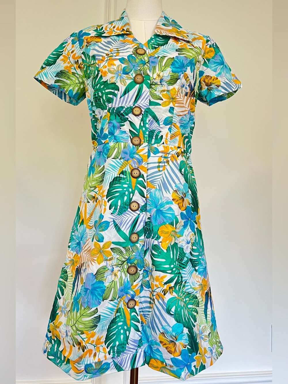 Tropical Hibiscus‎ Hawaiian Floral Midi Shirt Dress Resortcore Coastal Vacation